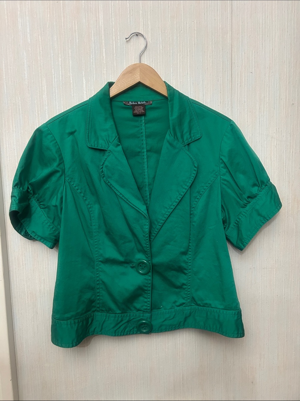 Bright Emerald Green Short-Sleeve Blazer Oversized Buttons Size 12